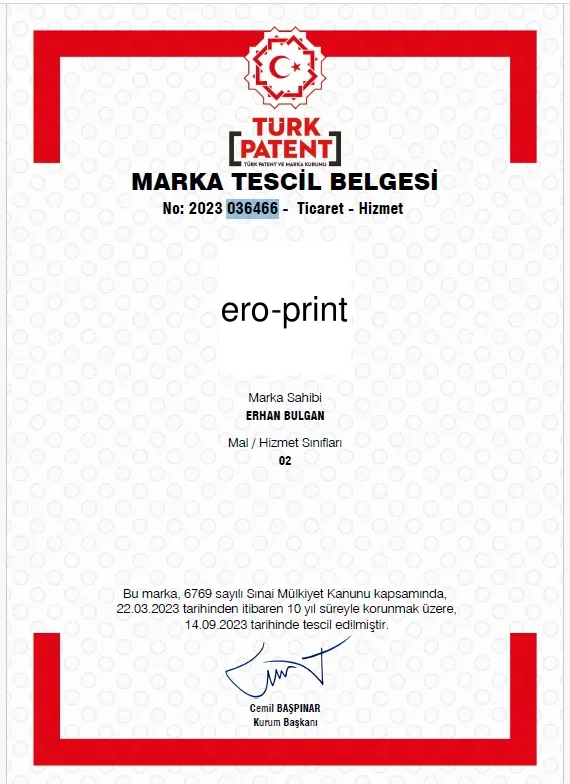 Ero Print Marka Tescil Belgesi