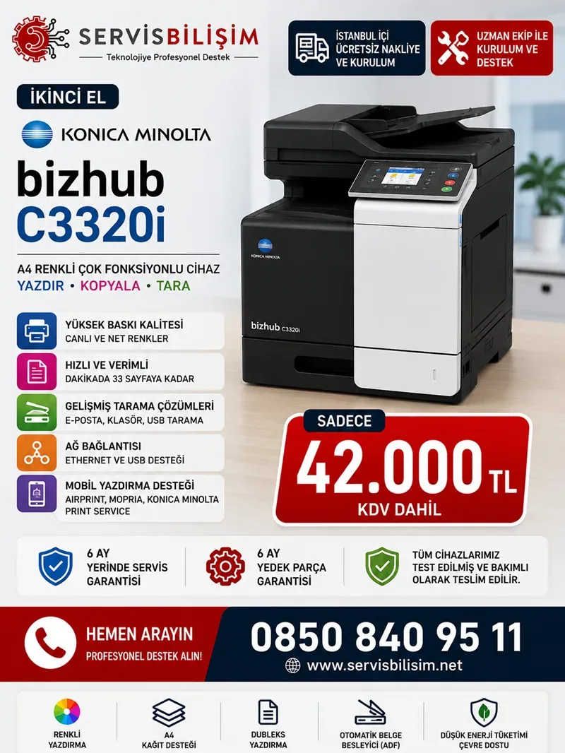 Konica Minolta bizhub C3320i A4 Renkli Fotokopi Yazıcı Tarayıcı